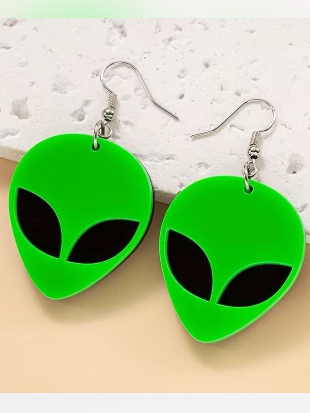 Neon Green Alien Face Dangle Novelty Earrings